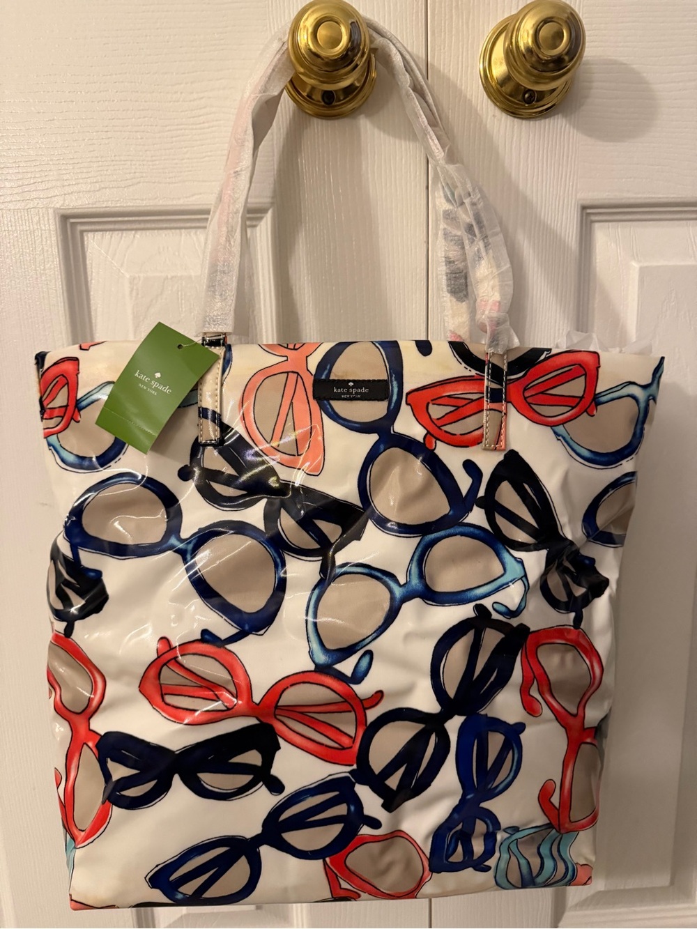kate spade Cream Sunglasses-Print Vinyl Tote with Red & Blue Accents